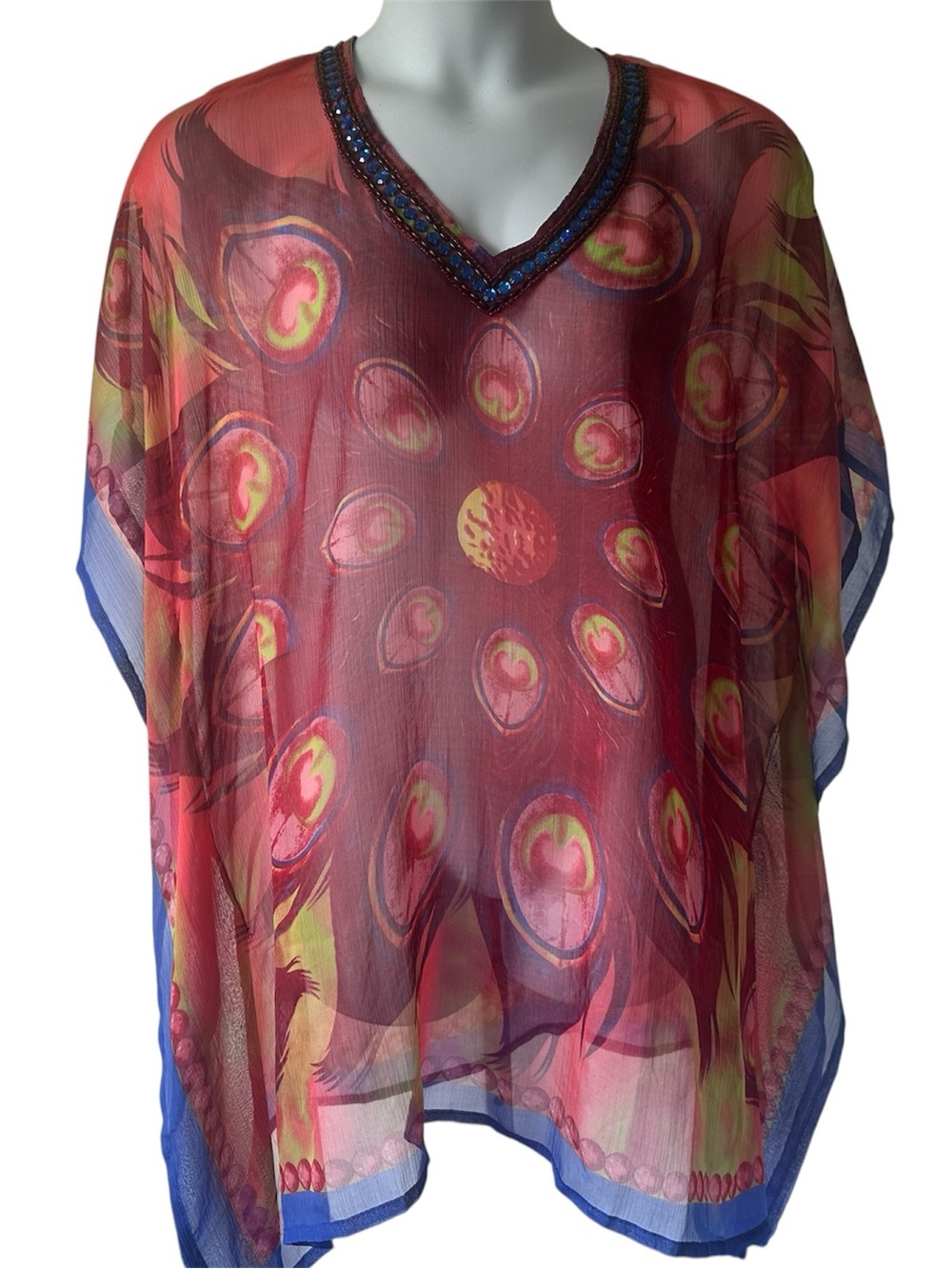 Sheer Red Peacock Print Tunic Top Cover Beaded V-Neck Kaftan Fits up to 2X